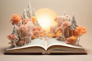 livre-montage-imaginaire-mise en scene Livre ouvert avec des illustrations sortant du livre