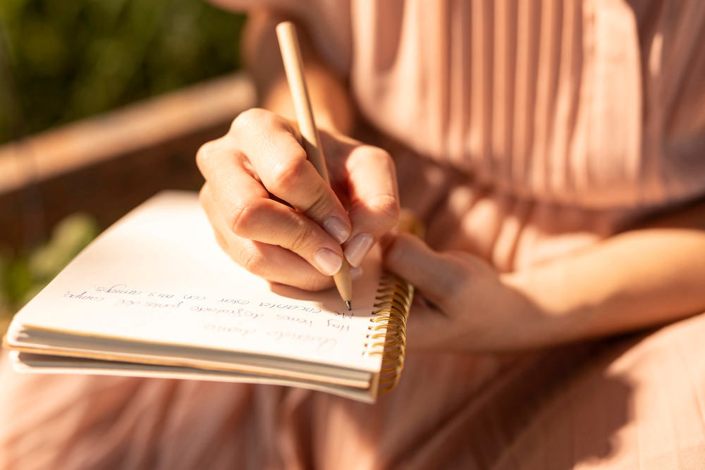 Femme tenant carnet d'écriture