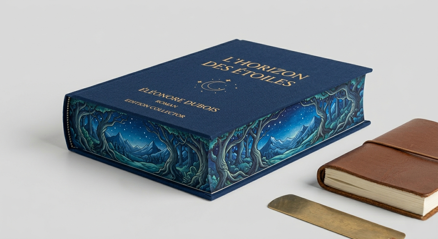 livre avec jaspage illustré représentant montagne et ciel étoilé